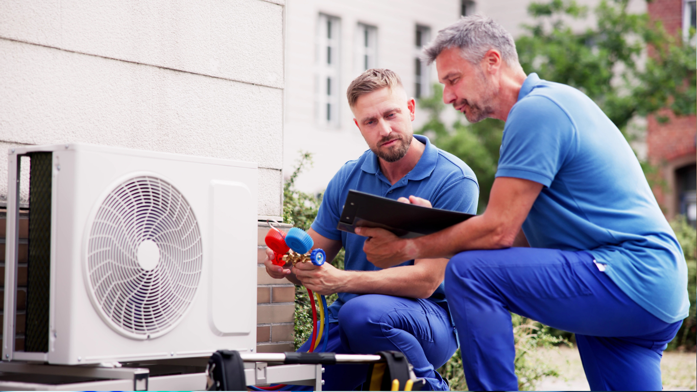 HVAC technicians inspecting an outdoor AC condenser during a maintenance visit in West Palm Beach