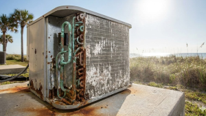 Rusted outdoor air conditioning condenser coil caused by salt air exposure in Florida.