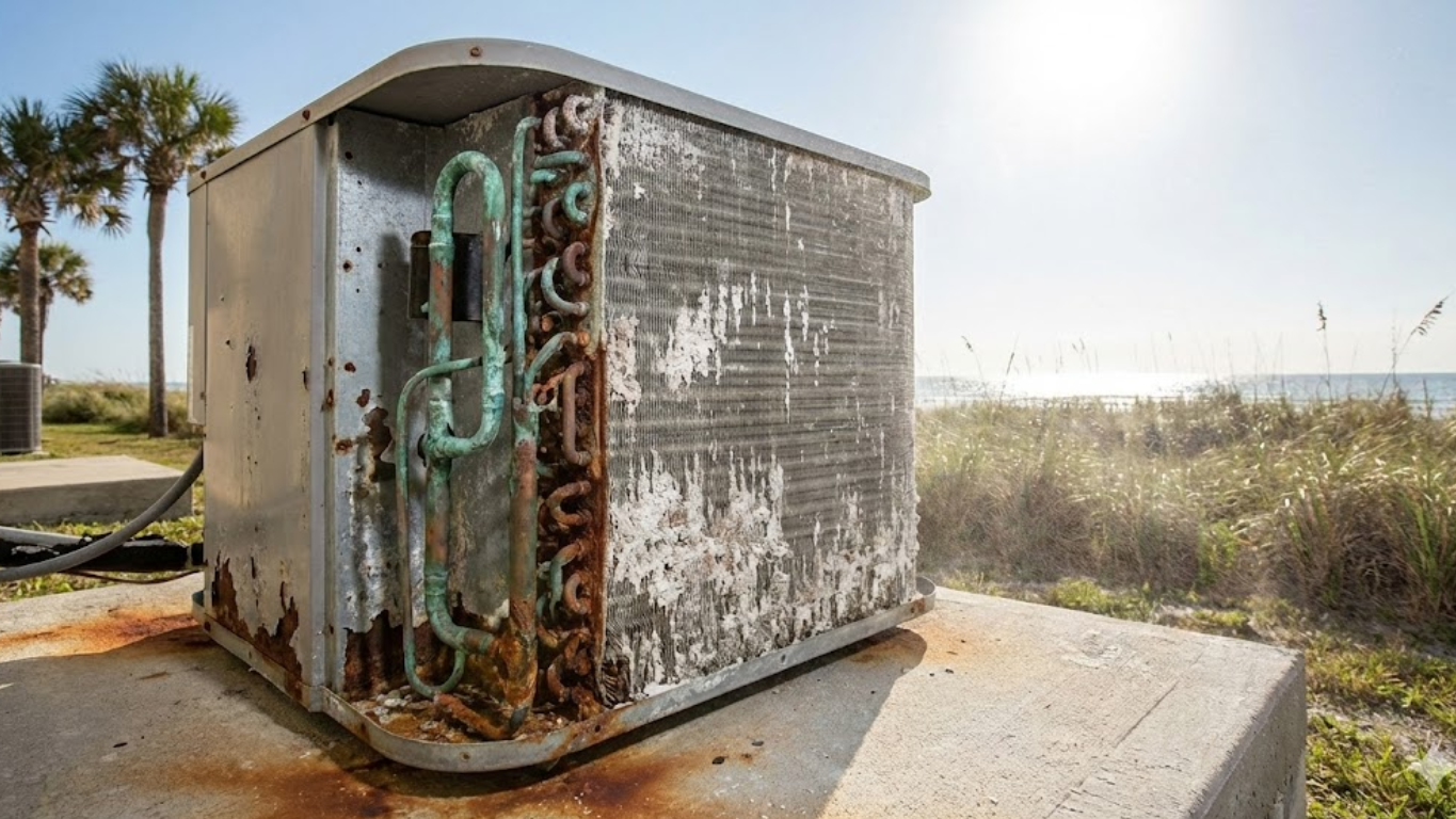 Rusted outdoor air conditioning condenser coil caused by salt air exposure in Florida.
