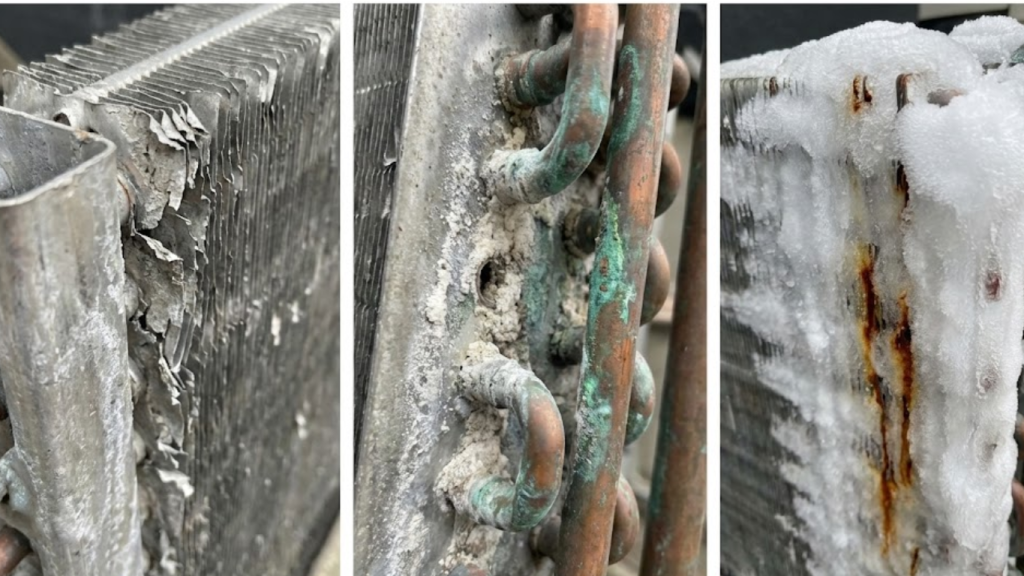 A three-panel collage showing severe AC salt air corrosion damage: flaking aluminum condenser fins (left), white and green oxidation on copper refrigerant pipes (middle), and a frozen coil with rust streaks indicating a leak (right).