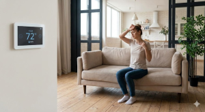 Woman feeling uncomfortable and sweating on a couch next to a thermostat showing high indoor humidity (68%) despite a cool temperature setting (72°F).